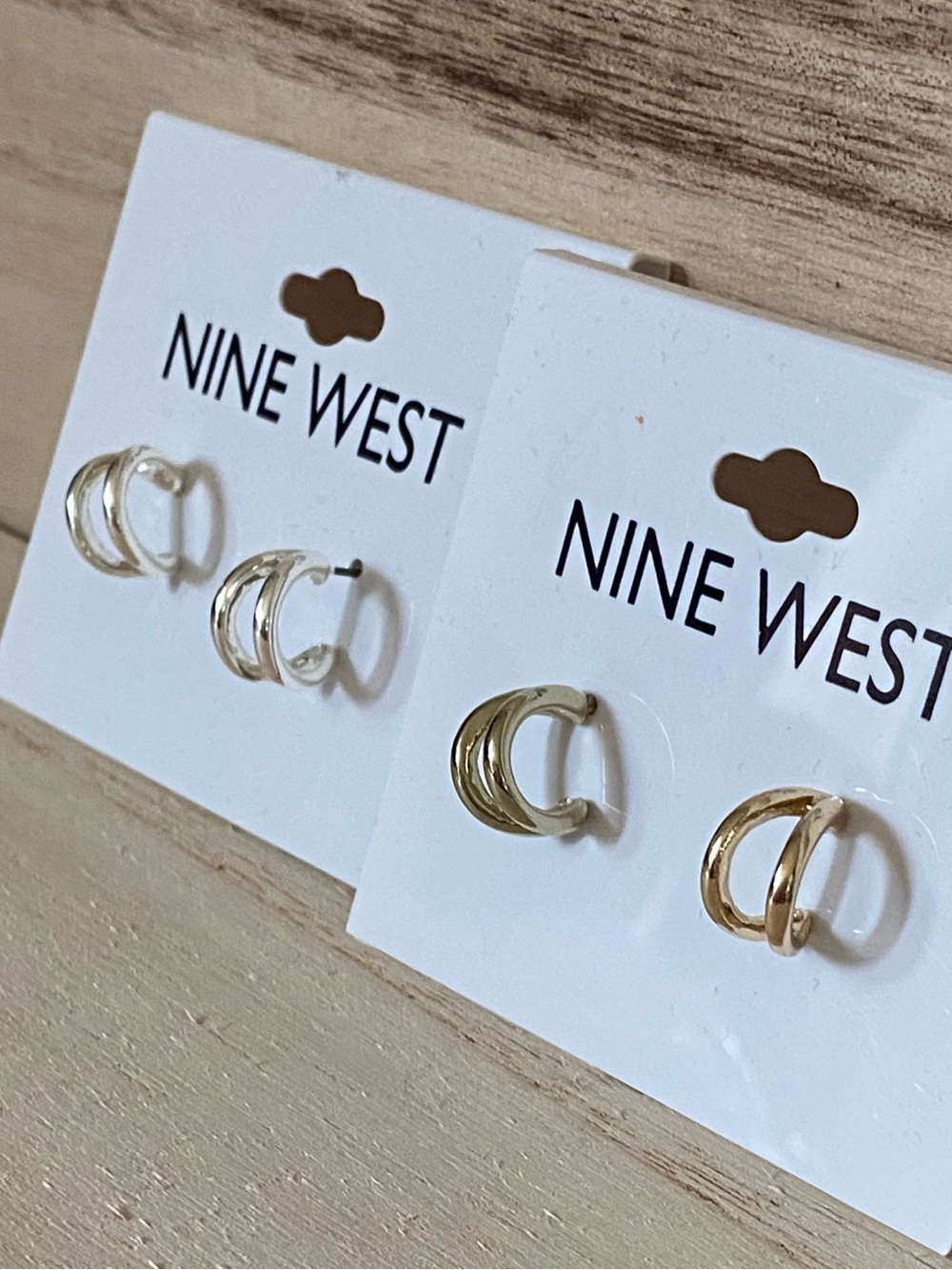New 2 pair Nine West small Double Hoop Stud Earrings sets of gold and silver